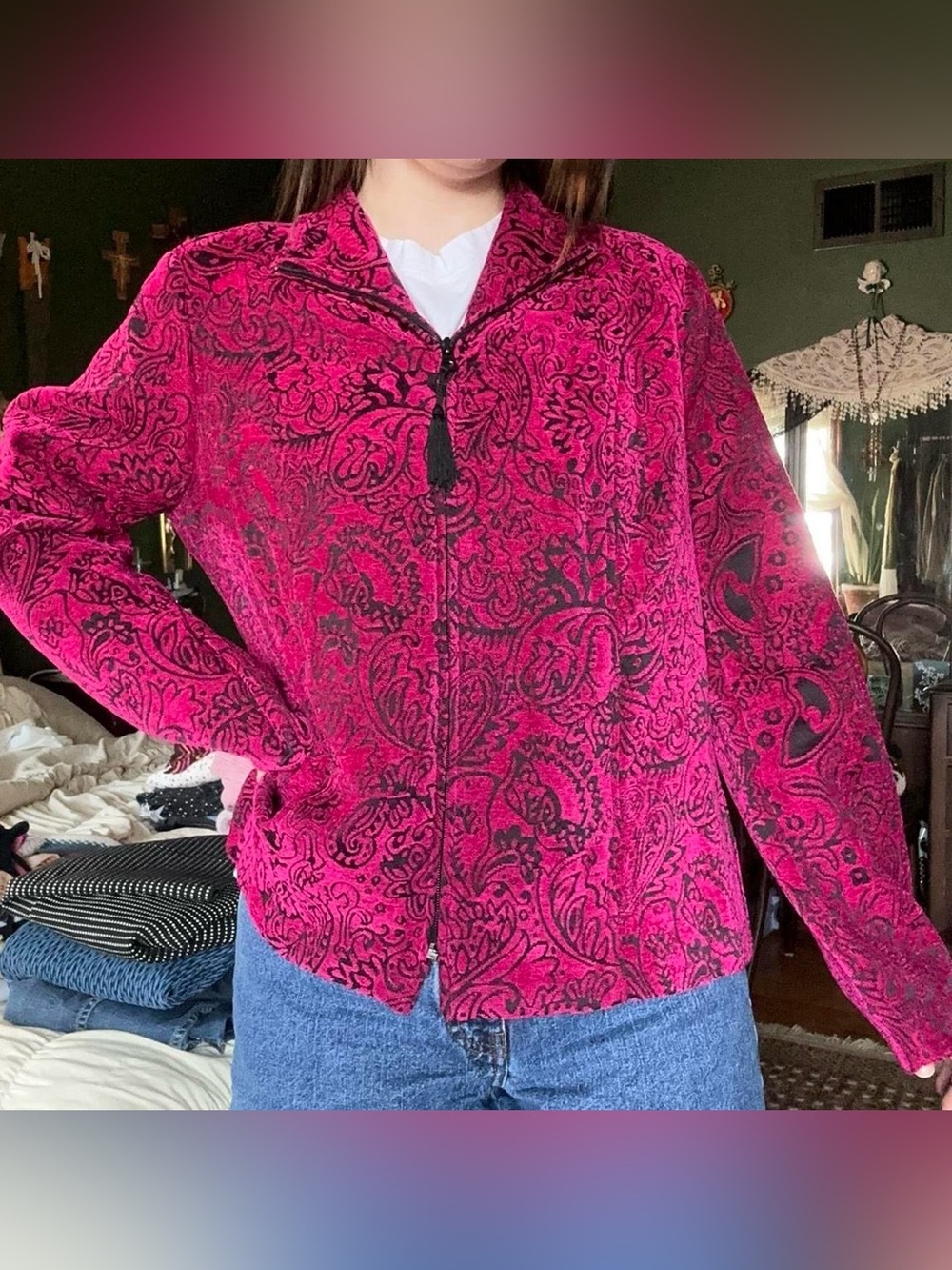 Christopher & Banks Fuchsia Pink Paisley Zip-Front Teddy Jacket